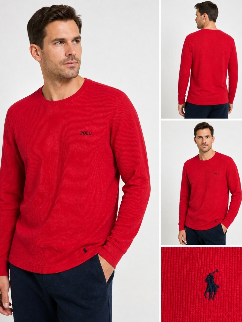Polo Ralph Lauren Sleepwear Thermal Shirt Men L Red Waffle Knit Long Sleeve Logo